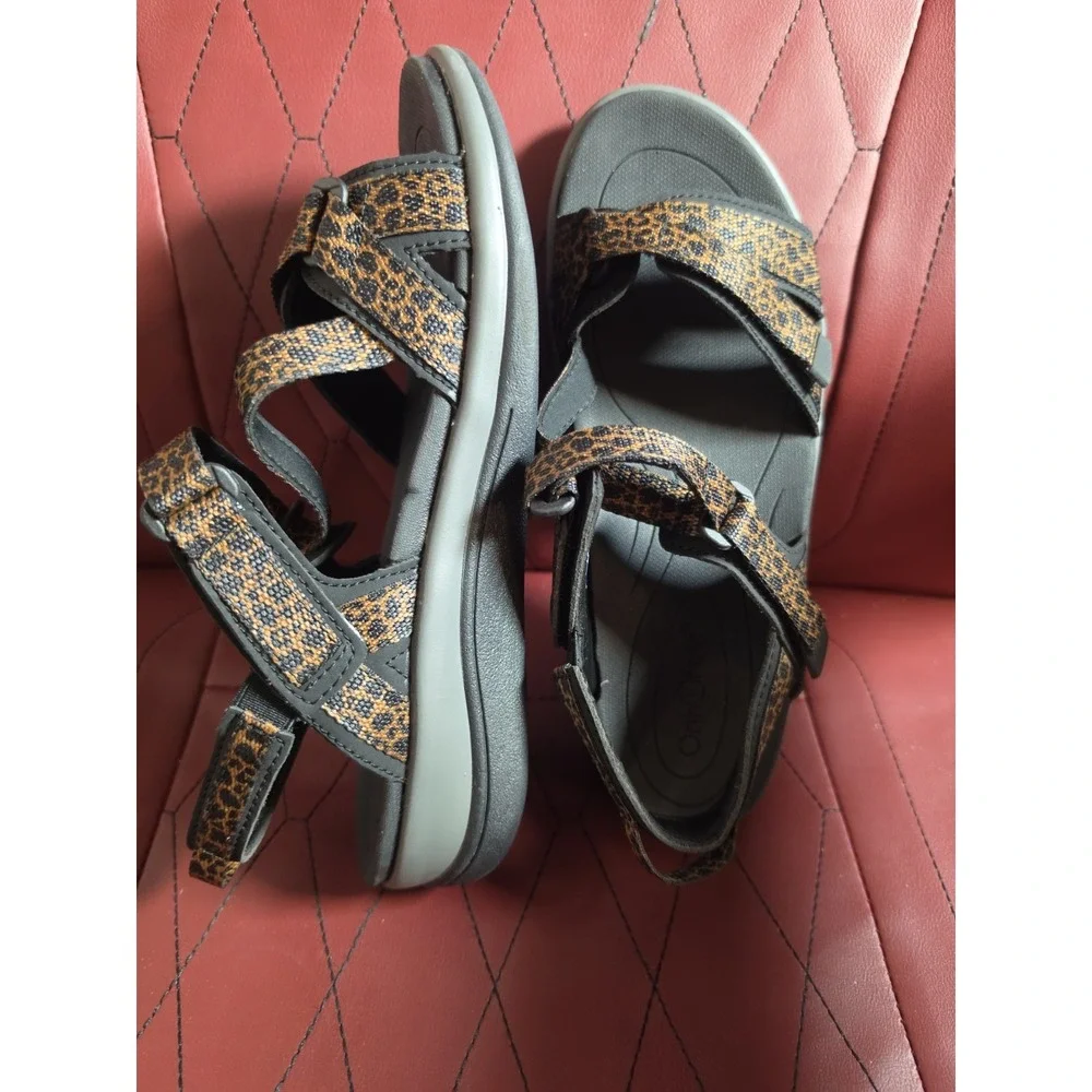 Orthofeet Women's Black/Brown Animal Print Strappy Sandals US 6.5 B Medium